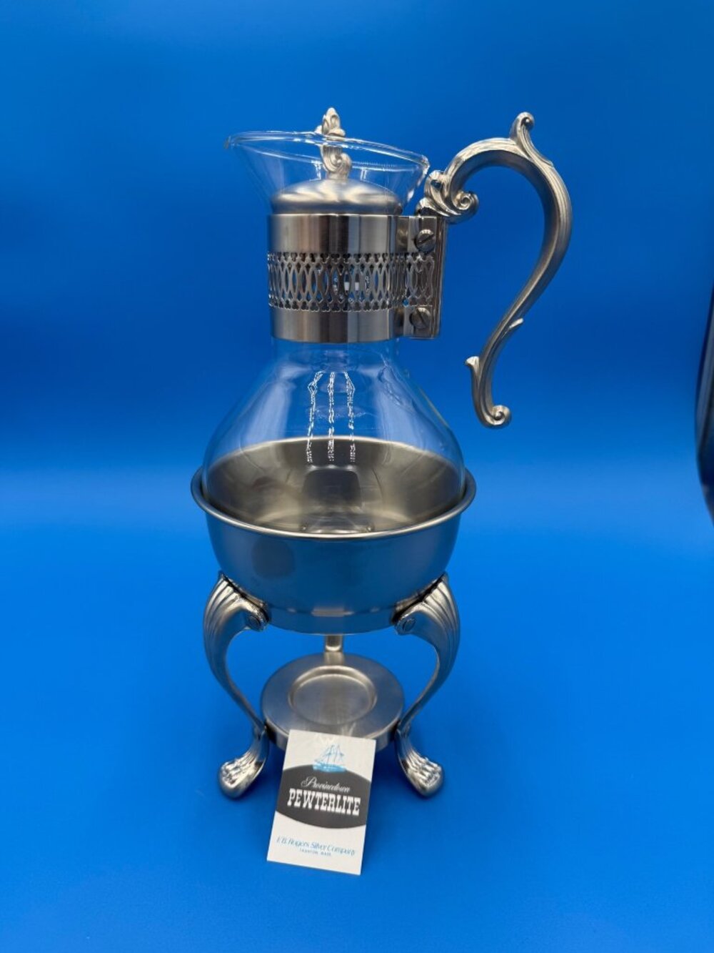 Vintage FB Rogers Pewter Lite Coffee Glass Carafe Warmer Stand New 13"